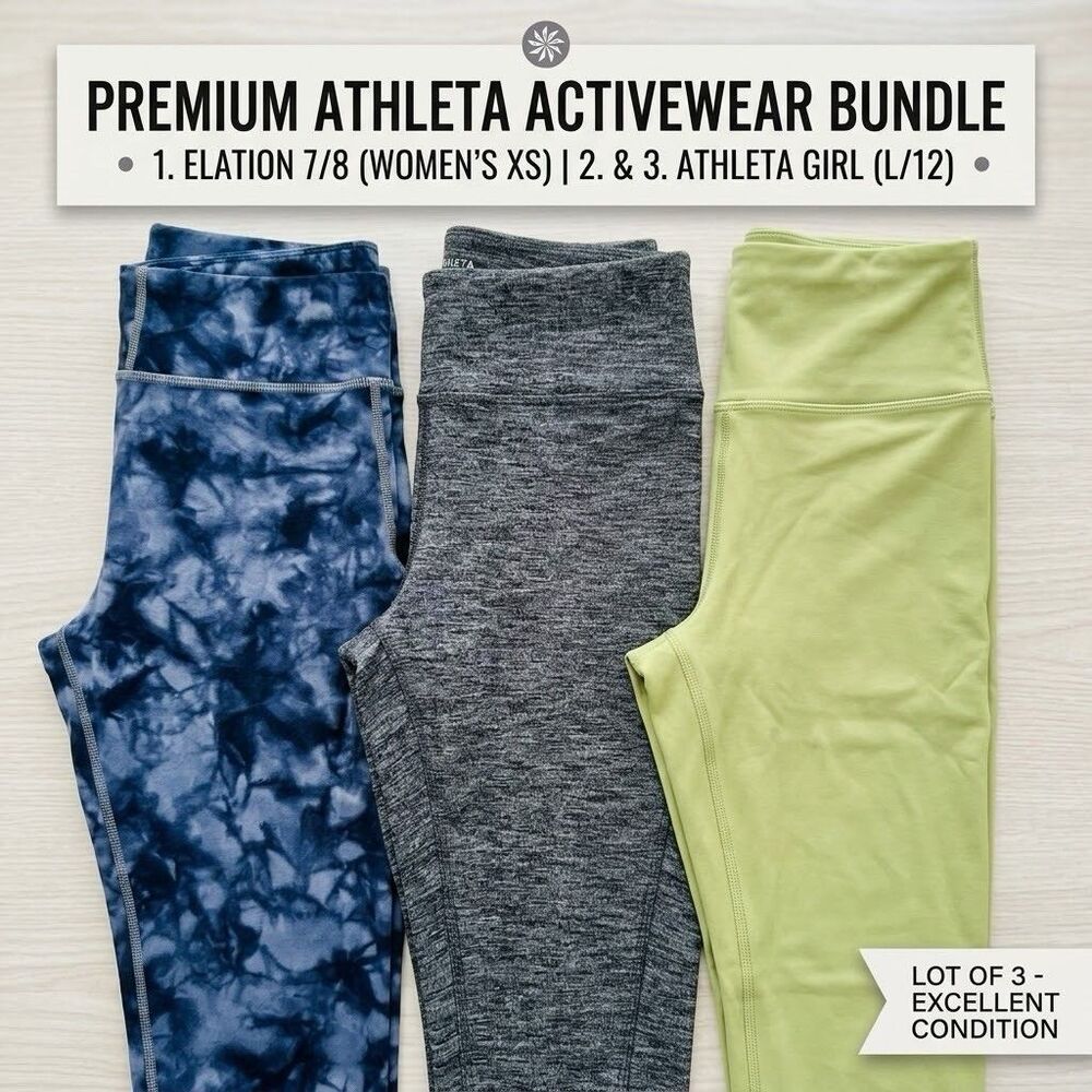 3 Athleta Leggings Elation 7/8 Chartreuse XS Athleta Girl L (12) Heather Tie-Dye